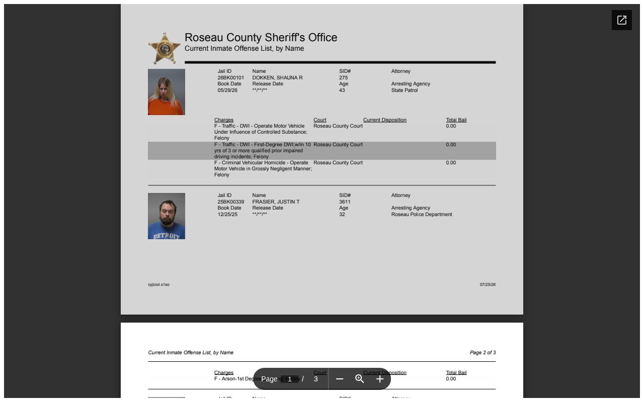 Roseau County current inmate gateway without a 72-hour release archive
