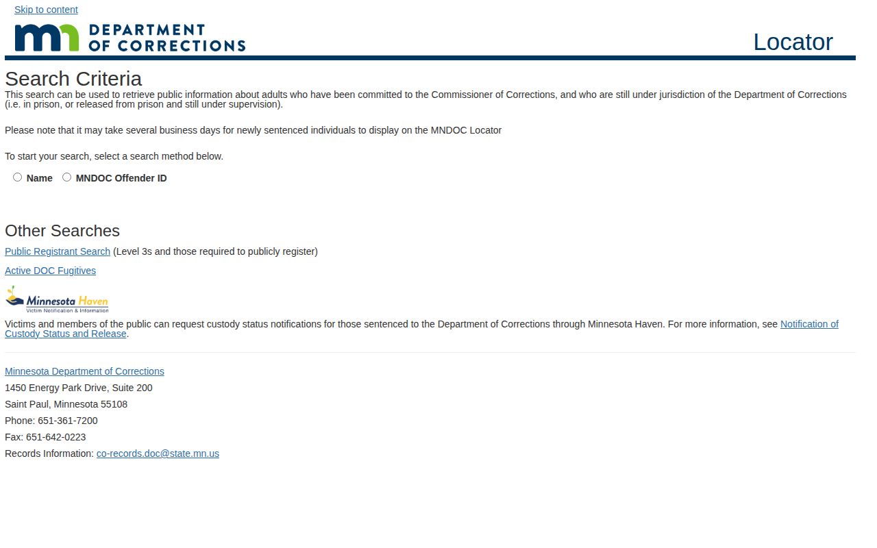 Minnesota DOC search screen for Roseau County released state inmates